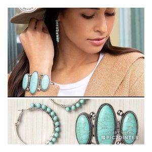 Turquoise colored earrings and bracelet